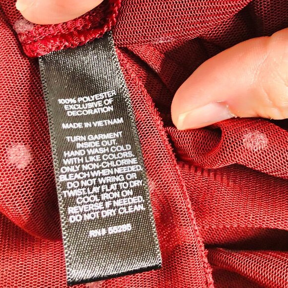 Express Small Petite Sheer Maroon Lacy Top Ruffled Bell 3/4 Sleeves Spotted - Picture 6 of 10